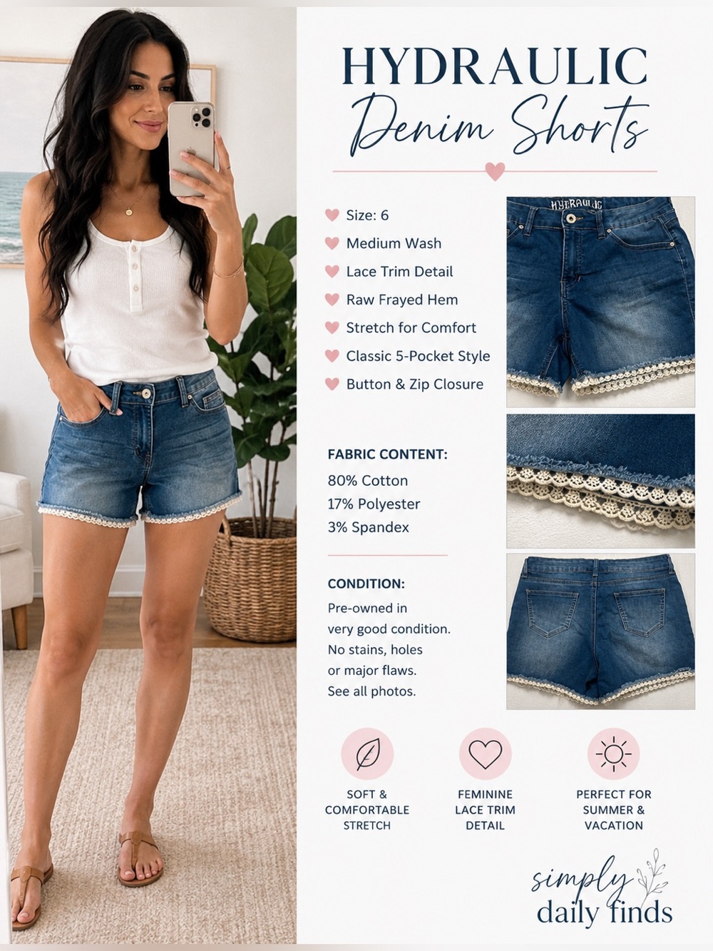 Hydraulic Women’s Size 6 Denim Shorts Lace Trim Stretch Frayed Hem Blue